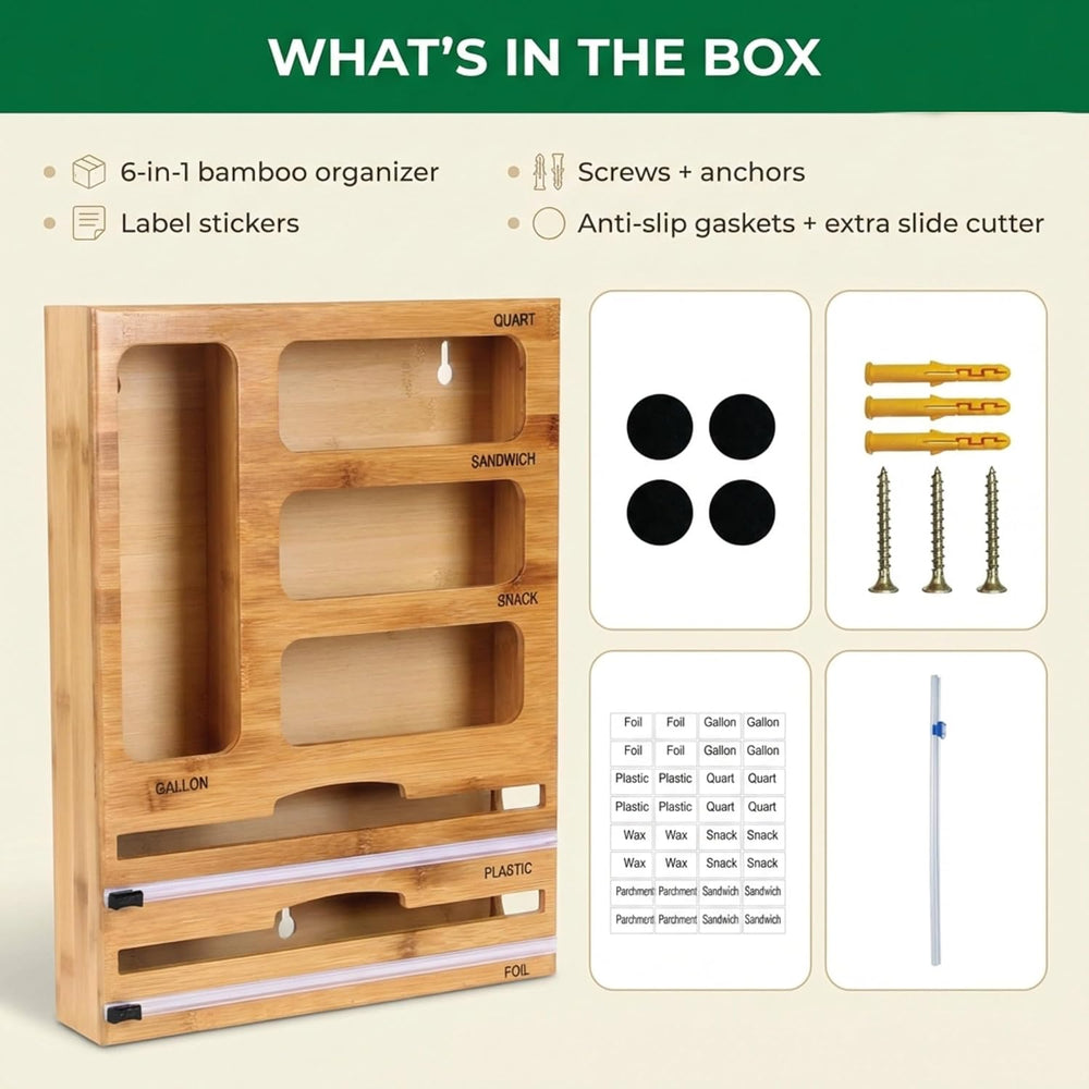 Bag Storage Organizer for Kitchen Drawer and Plastic Wrap Dispenser with Cutt...