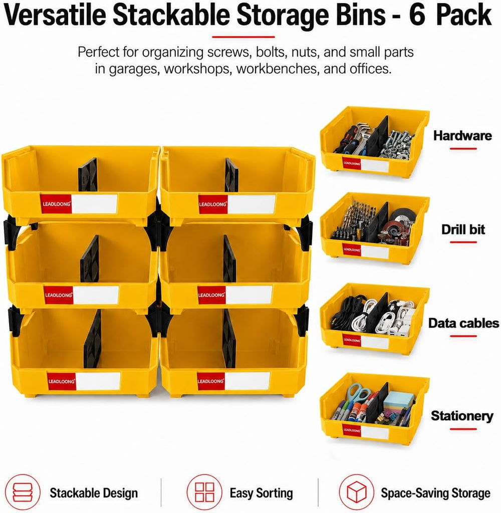 6 Pack Stackable Storage Bins Heavy Duty Parts Organizer Yellow