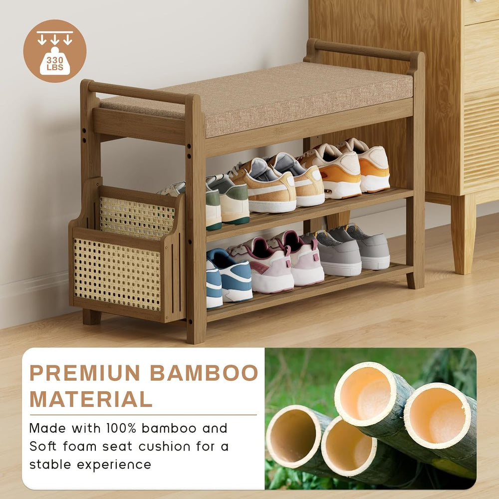 Homaxy 2-Tier Shoe Rack Bench, 28.2 in, Walnut and Light Brown