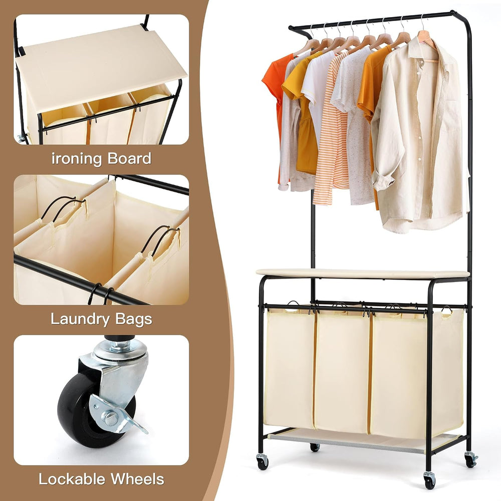 MYOYAY 3 Section Laundry Sorter with Garment Hanging Bar Rack Foldable Ironin...