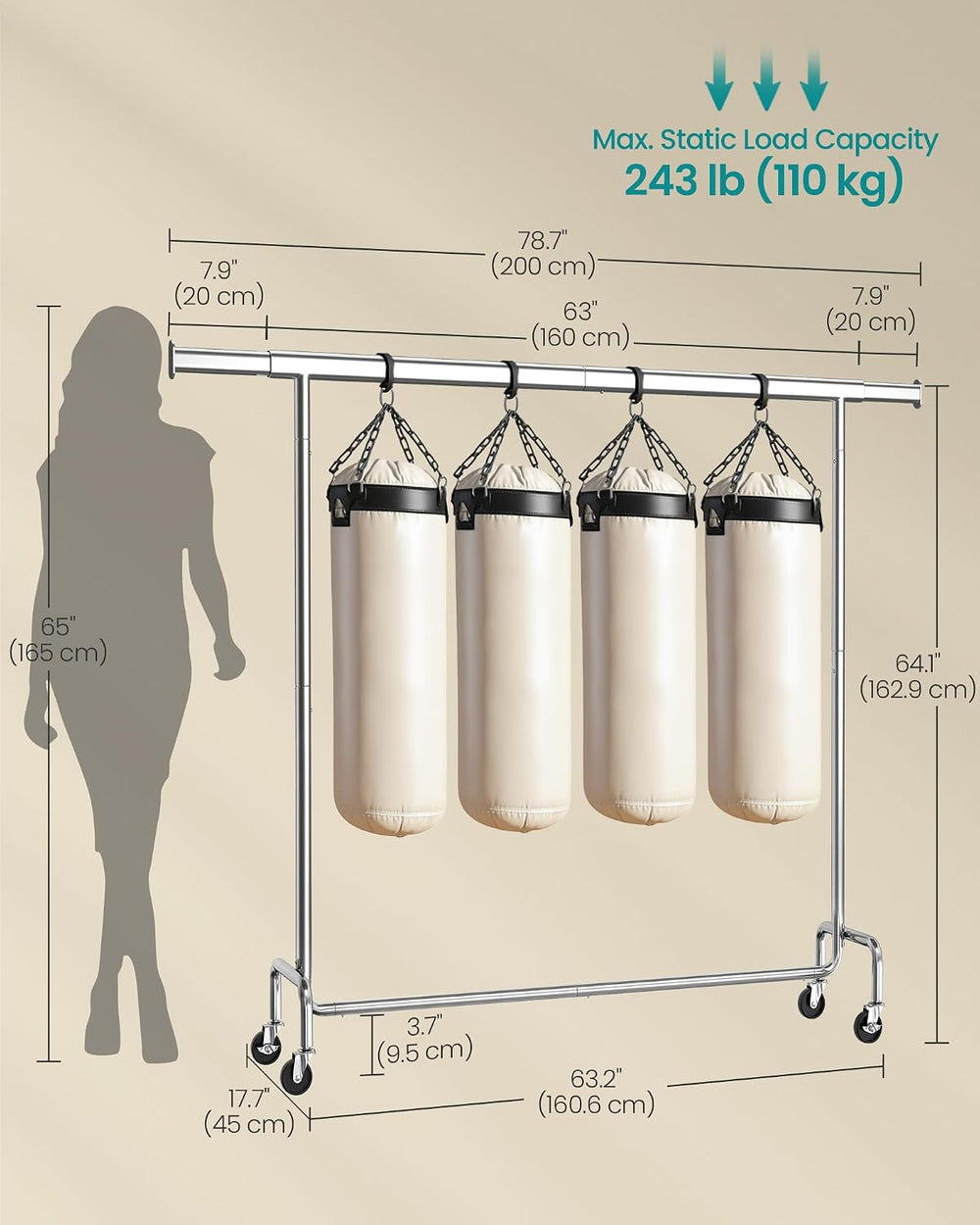 SONGMICS Clothes Rack with Wheels, Heavy-Duty, Extendable Hanging Rod