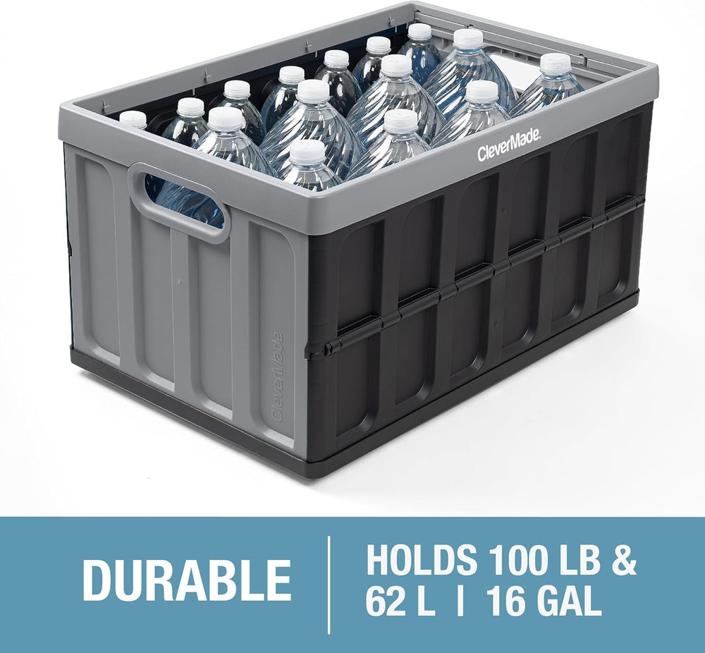 CleverMade Collapsible Storage Bins With Lids, 62L 3 Pack, 100 lb, Obsidian