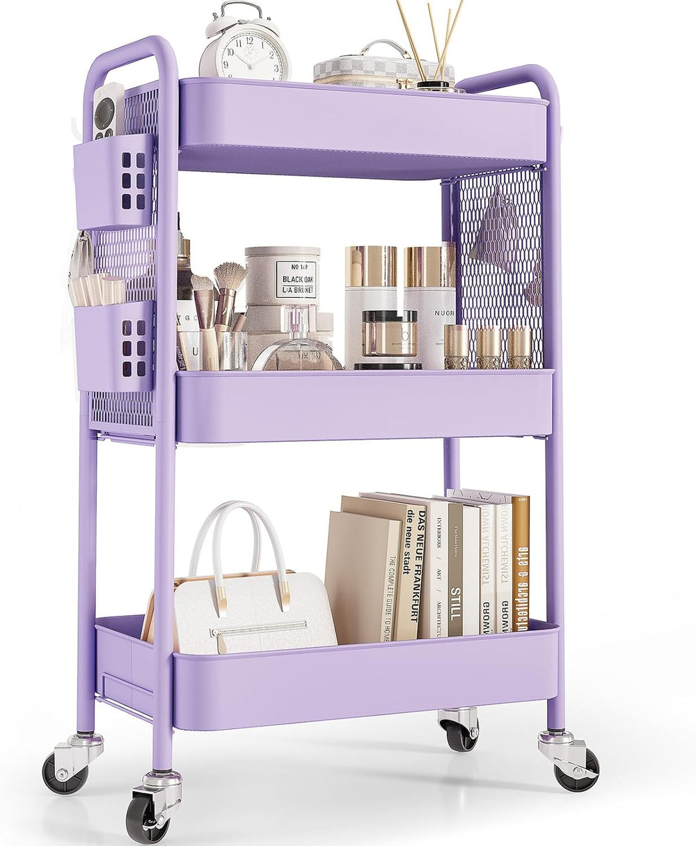 TOOLF 3 Tier Rolling Cart Storage Organizer, Metal Rolling Utility Cart