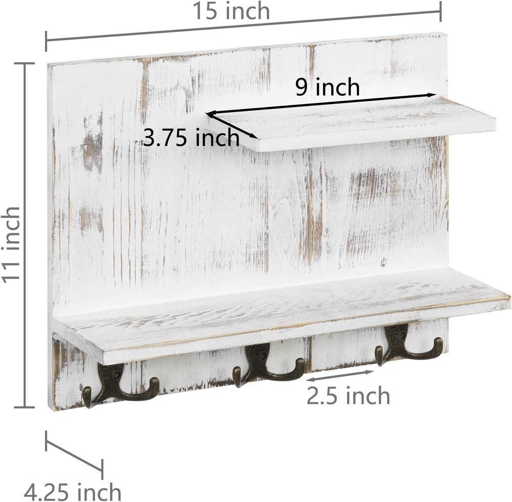 MyGift 2 Tier Wall Mounted Shabby White Washed Solid Wood Bathroom Storage Sh...