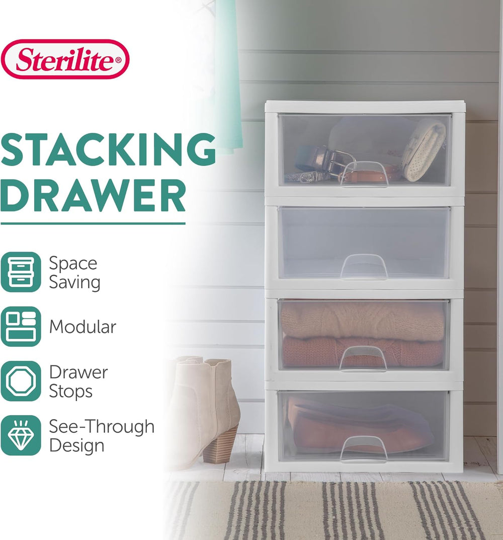Sterilite Stacking Drawer Storage Organizer for Clothes, 16 Quart, 18-Pack