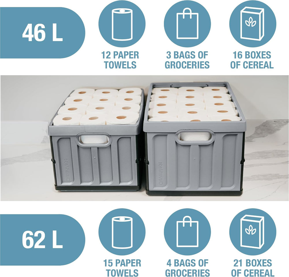 CleverMade Collapsible Storage Bins With Lids, 62L 3 Pack, 100 lb, Obsidian
