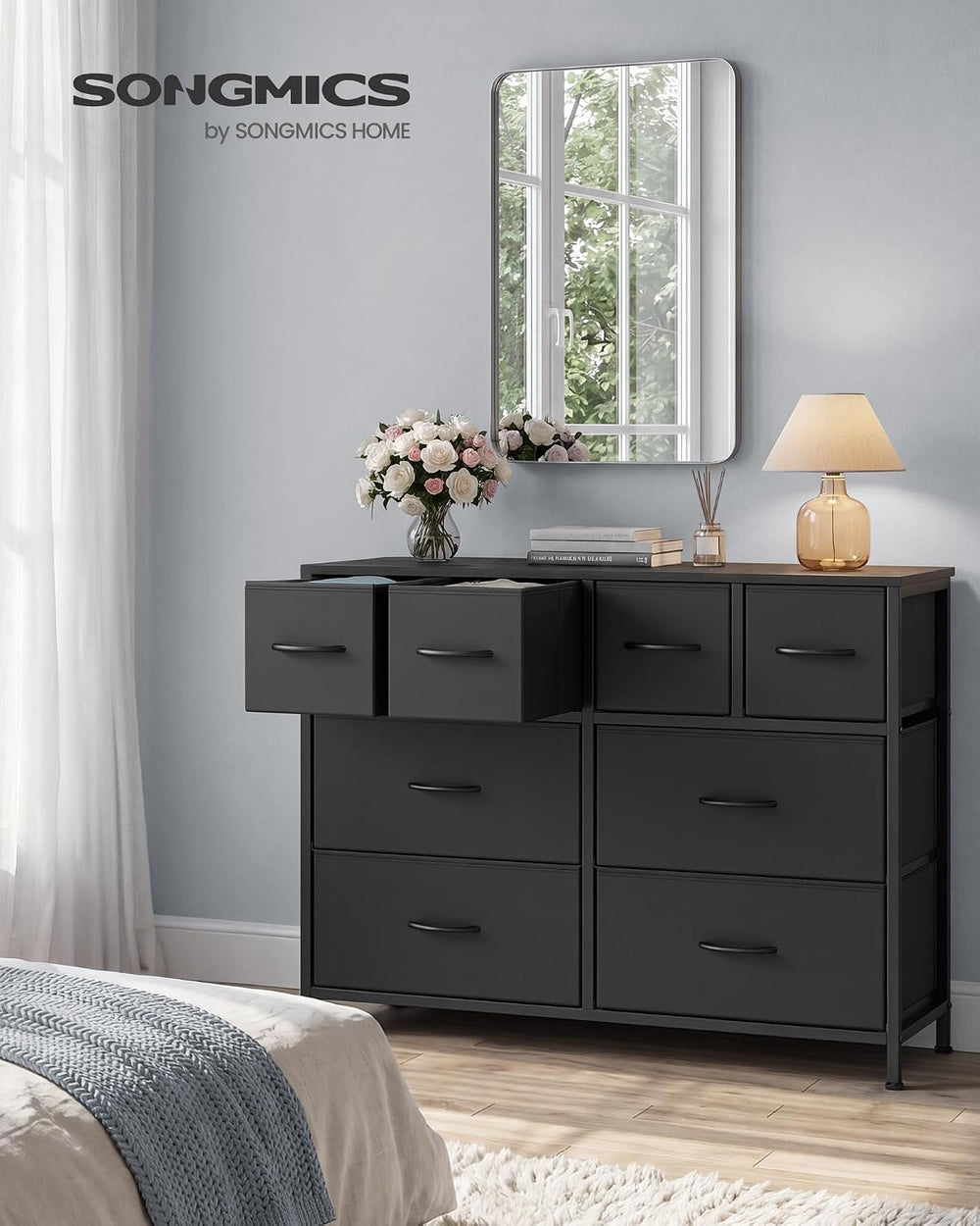 SONGMICS Wide Dresser for Bedroom, 8 Fabric Drawers with Steel Frame