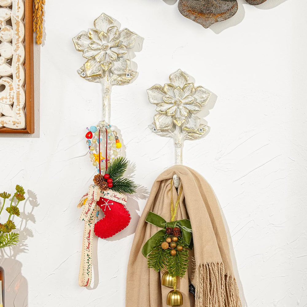 Sungmor 2 Pack Cast Iron Coat Hooks - Flower Shaped& Rustic White