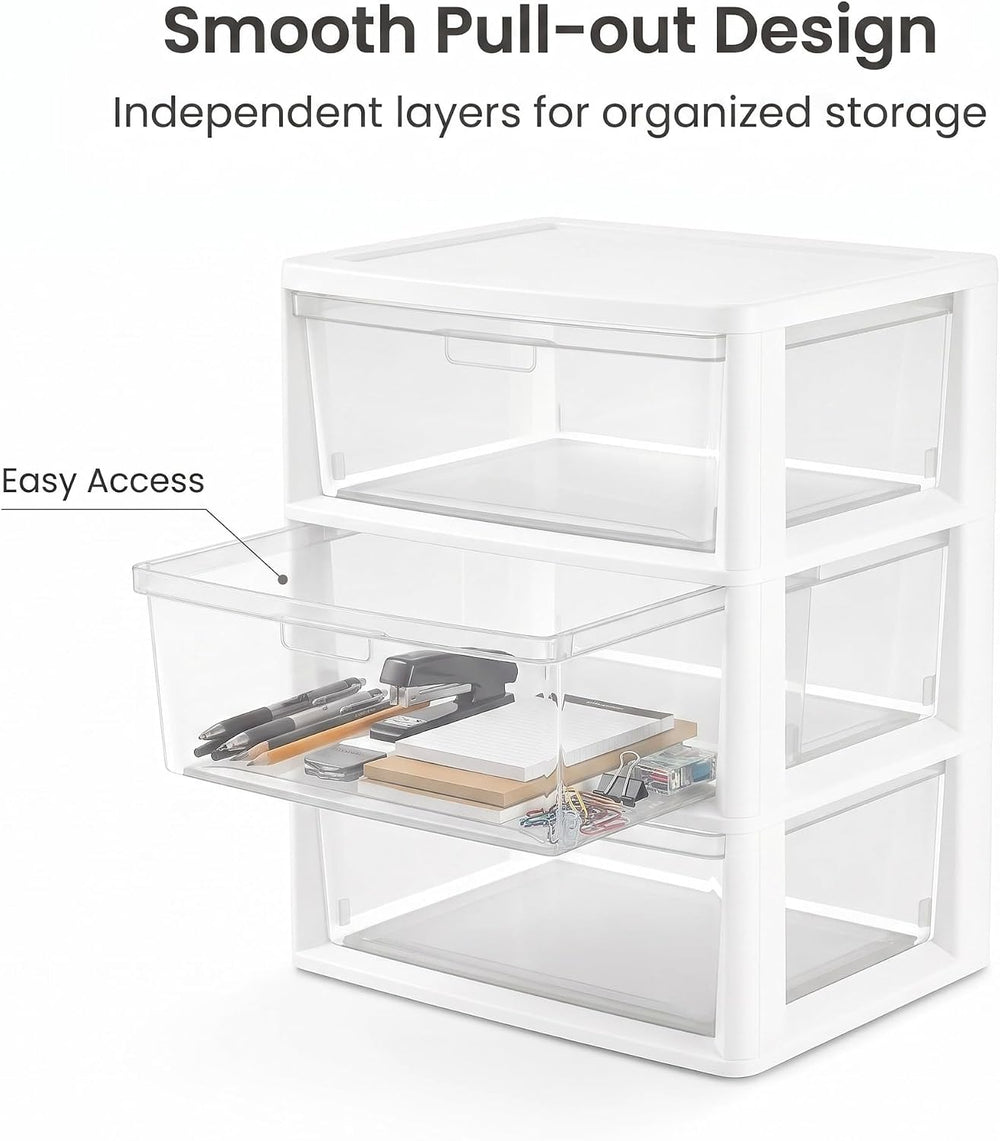 Wide 3 Drawer White Plastic Storage Tower with Clear Removable Bins