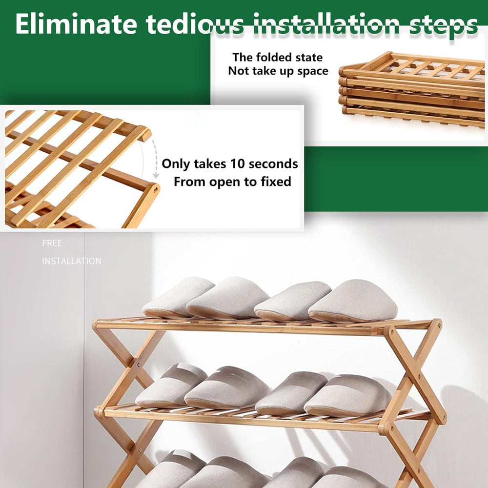 4 Tier Bamboo Shoe Rack,Portable Folding Shoe Storage Rack,Without Installati...