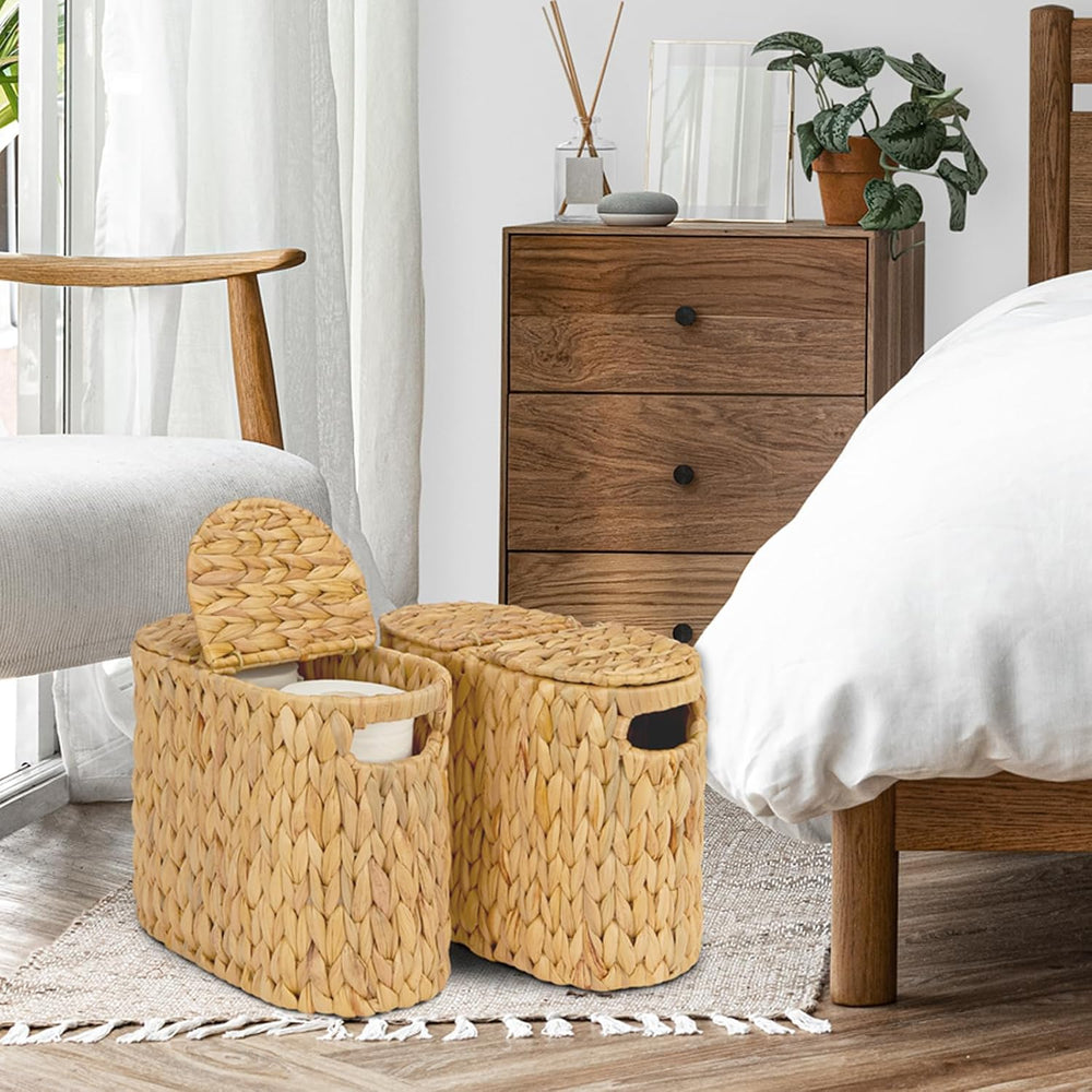 Toilet Paper Basket with Lid, Water Hyacinth Wicker Toilet Paper Storage Hold...
