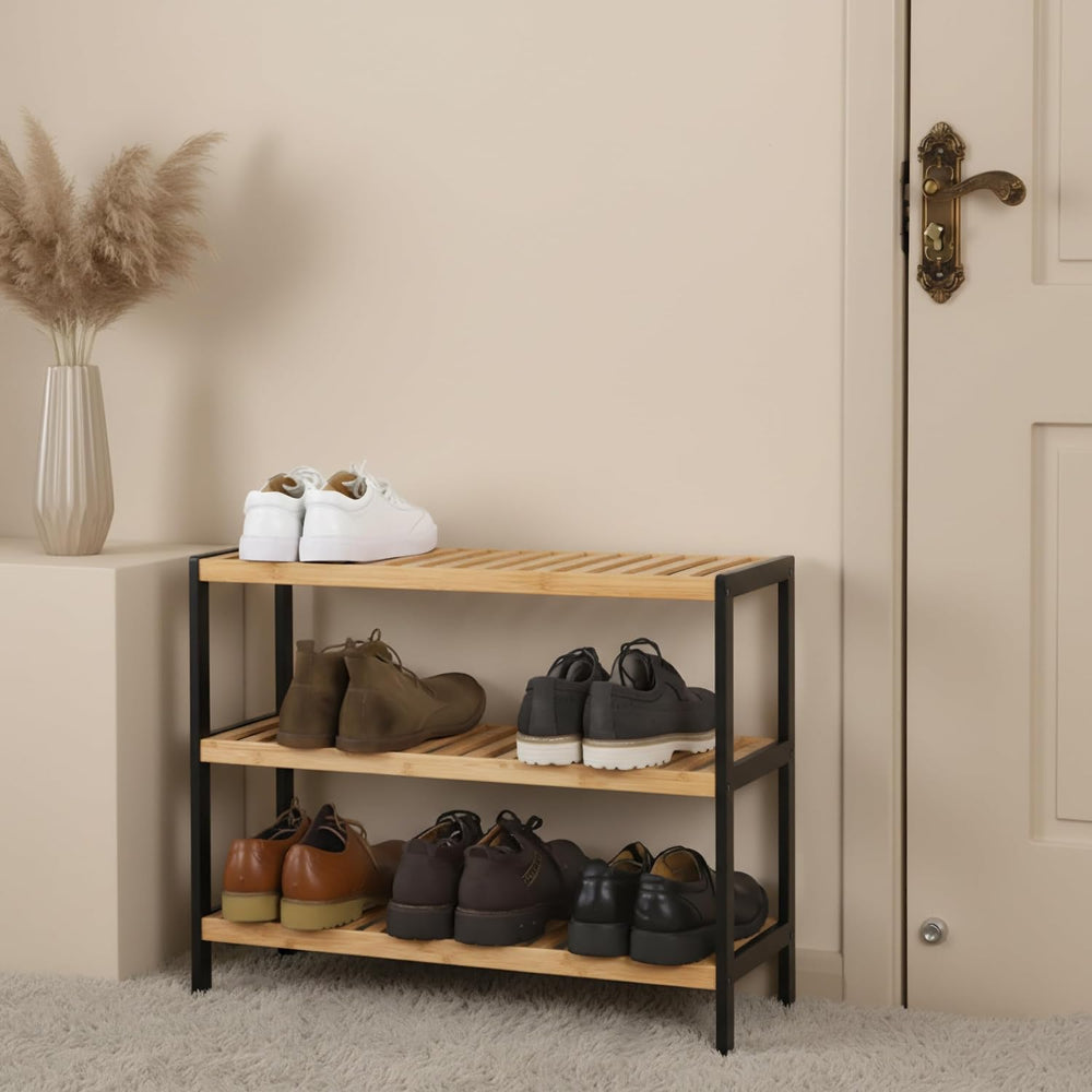 Relaxdays Shoe Rack, H 55 x W 70 x D 26 cm, Bamboo, 3 Levels, 9 Pairs of Shoe...
