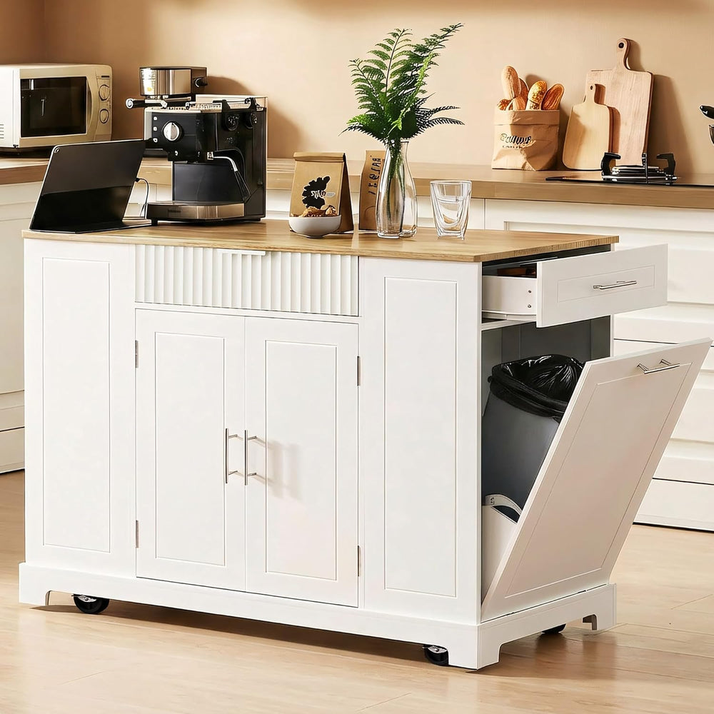 Merax Fluted Kitchen Island with Trash Can Storage Cabinet, Power Outlet, Int...