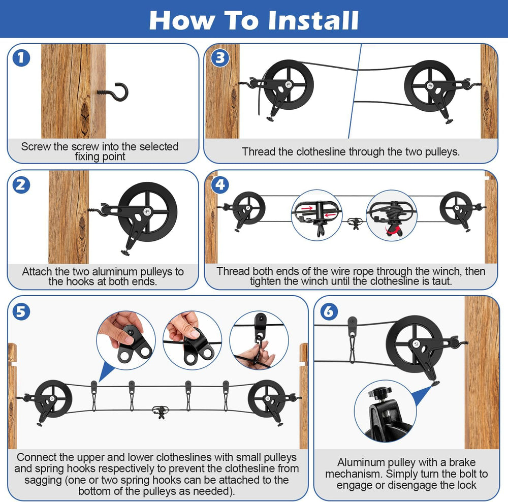 150ft Black Clothesline Pulley Kit with Aluminum Brake Pulleys