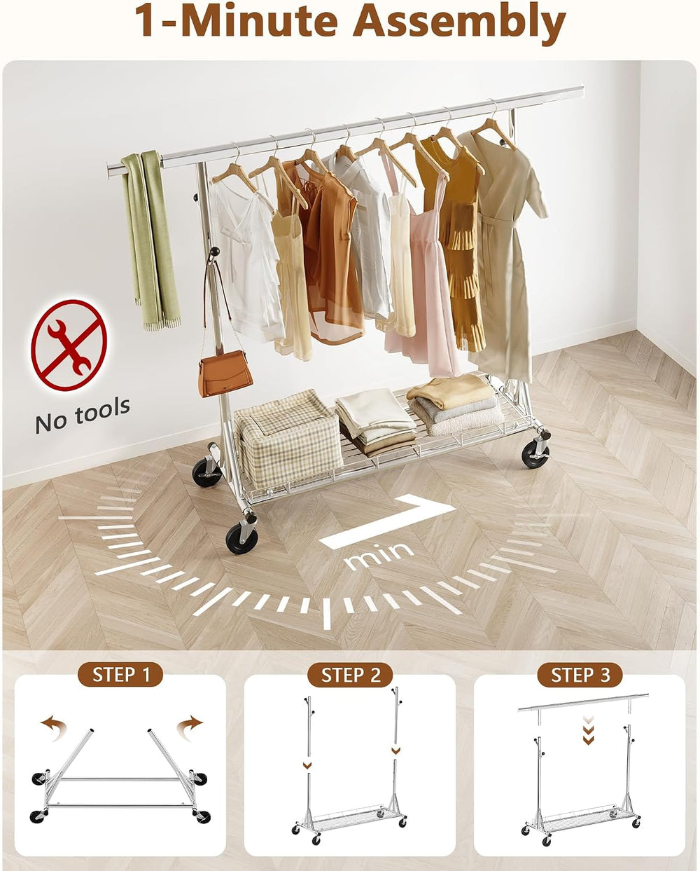 Hoctieon 1-Minute Assembly Clothes Rack, 480 lbs Heavy Duty Rolling Clothing ...