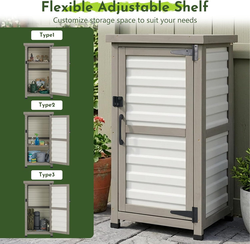 Small Outdoor Storage Cabinet with Waterproof Metal Top, White Wood & Pla...