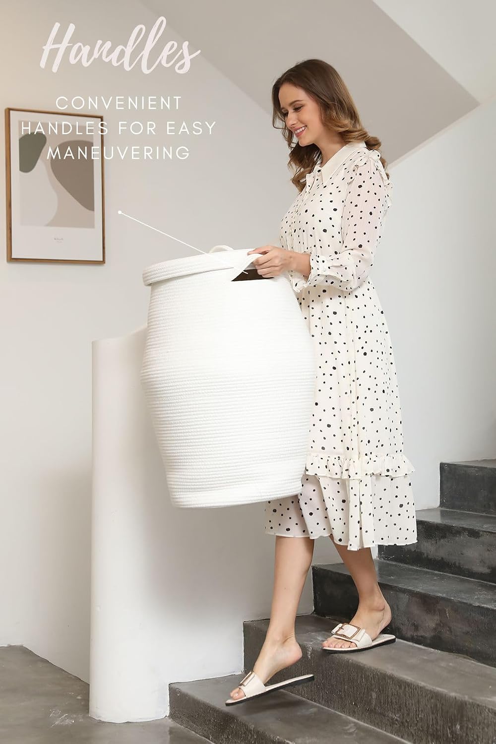 26"x20" Extra Large Tall Woven Laundry Basket with Lid, Cotton Rope...