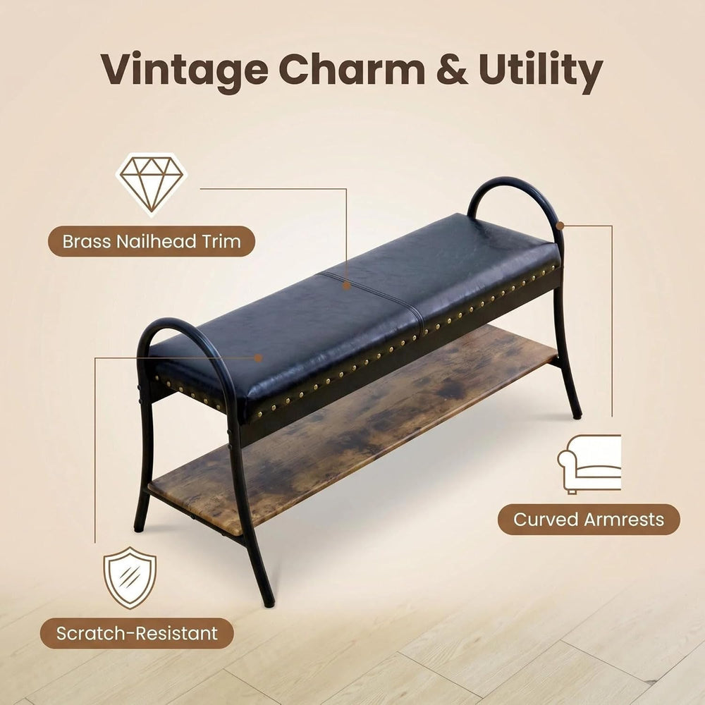 Forteek 39.4" Shoe Bench with Shelf, Industrial Faux Leather Entryway Bench