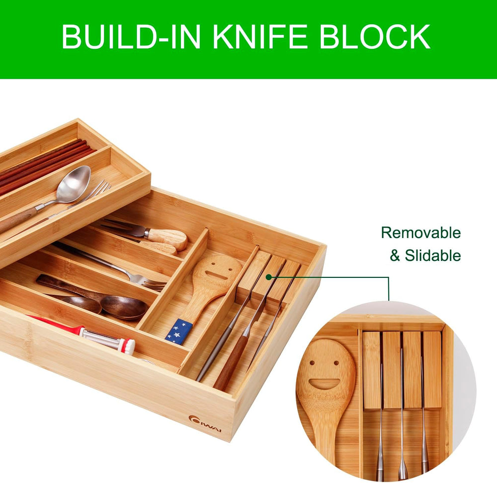 COIWAI Double Layer Bamboo Drawer Organizer Cutlery Utensil Silverware Drawer...