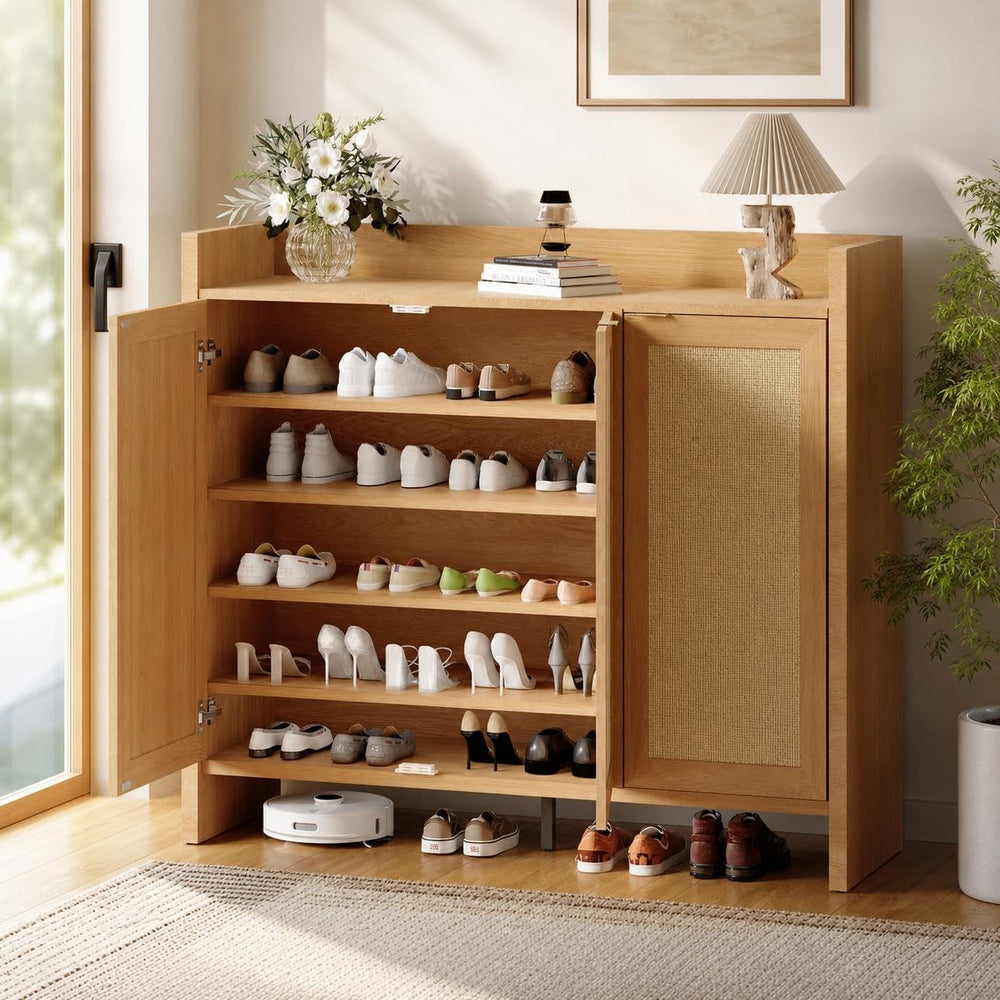 6-Tier 41" Tall Rattan Shoe Storage Cabinet with 3 Doors and Adjustable ...