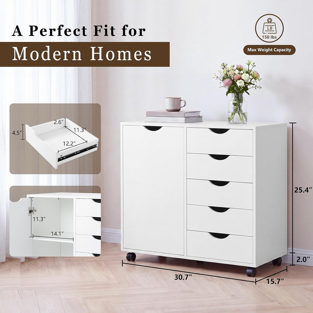 SweetGO 5 Drawer Wood File Cabinet with Wheels, Large Storage Printer Stand f...