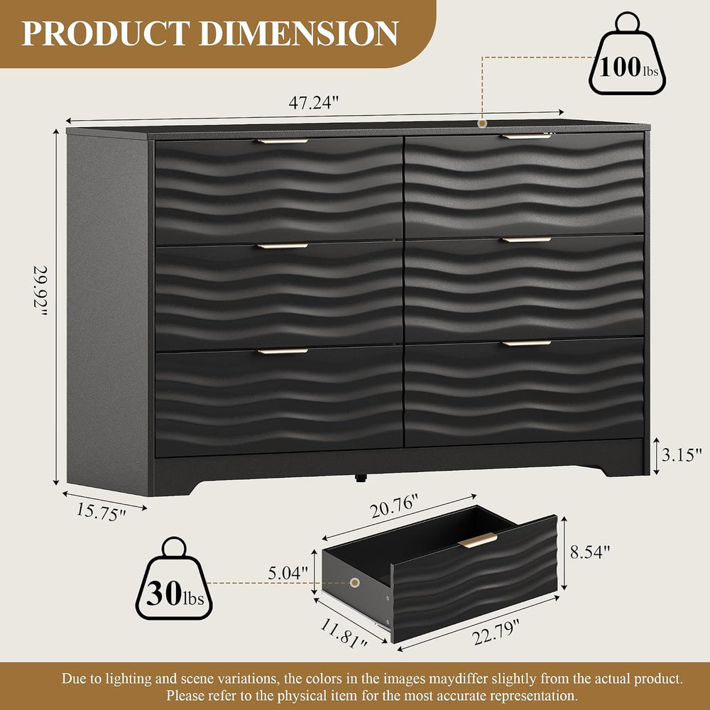MALOL Coastline Fluted 6 Drawers Dresser for Bedroom, 48" Wide Modern Ch...