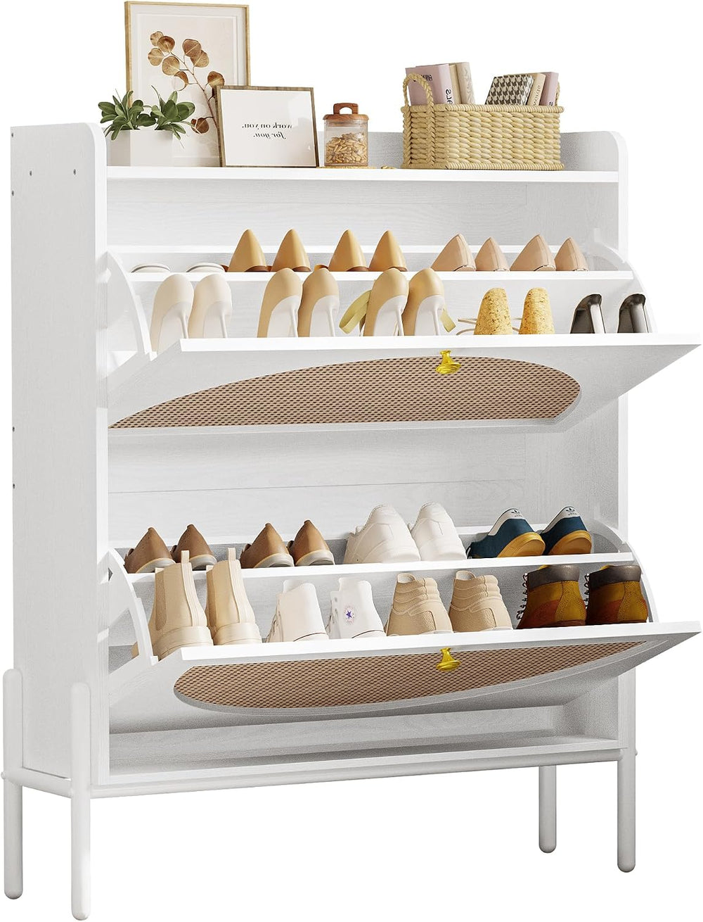 IRONCK Rattan Shoe Cabinet Storage with 2 Flip Drawers, White
