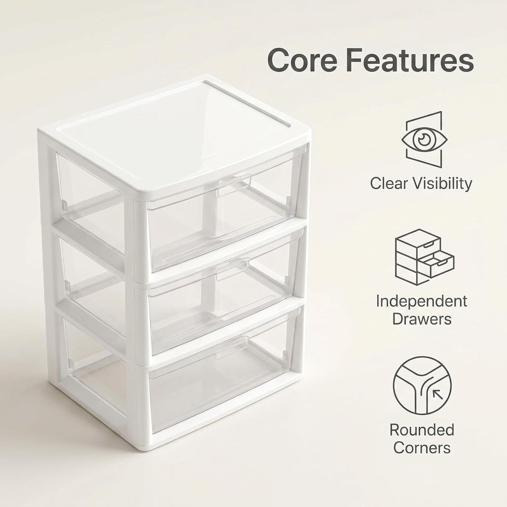 Wide 3 Drawer White Plastic Storage Tower with Clear Removable Bins