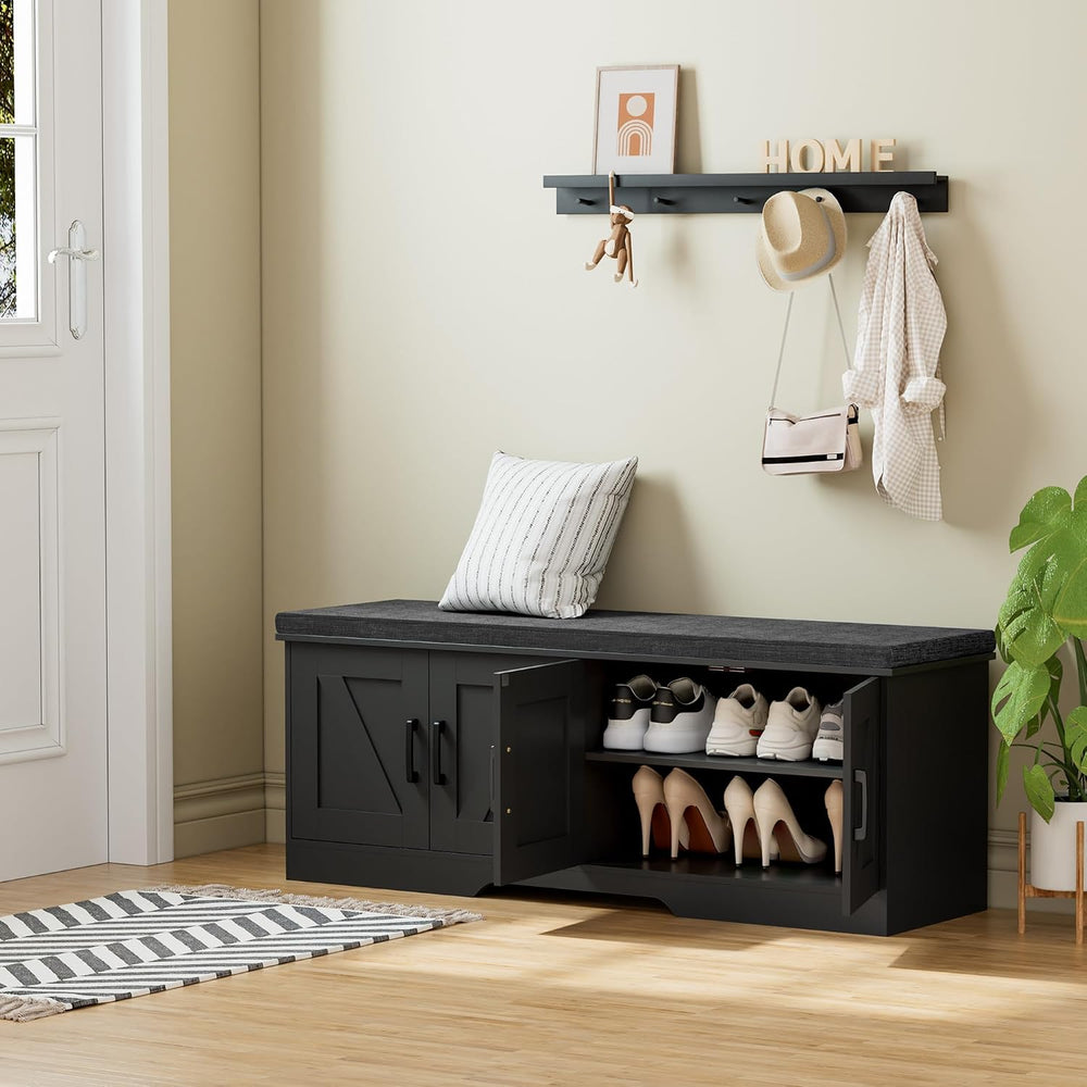 HOMSHO Farmhouse Shoe Storage Bench with 4 Barn Doors & Padded Seat Cushion