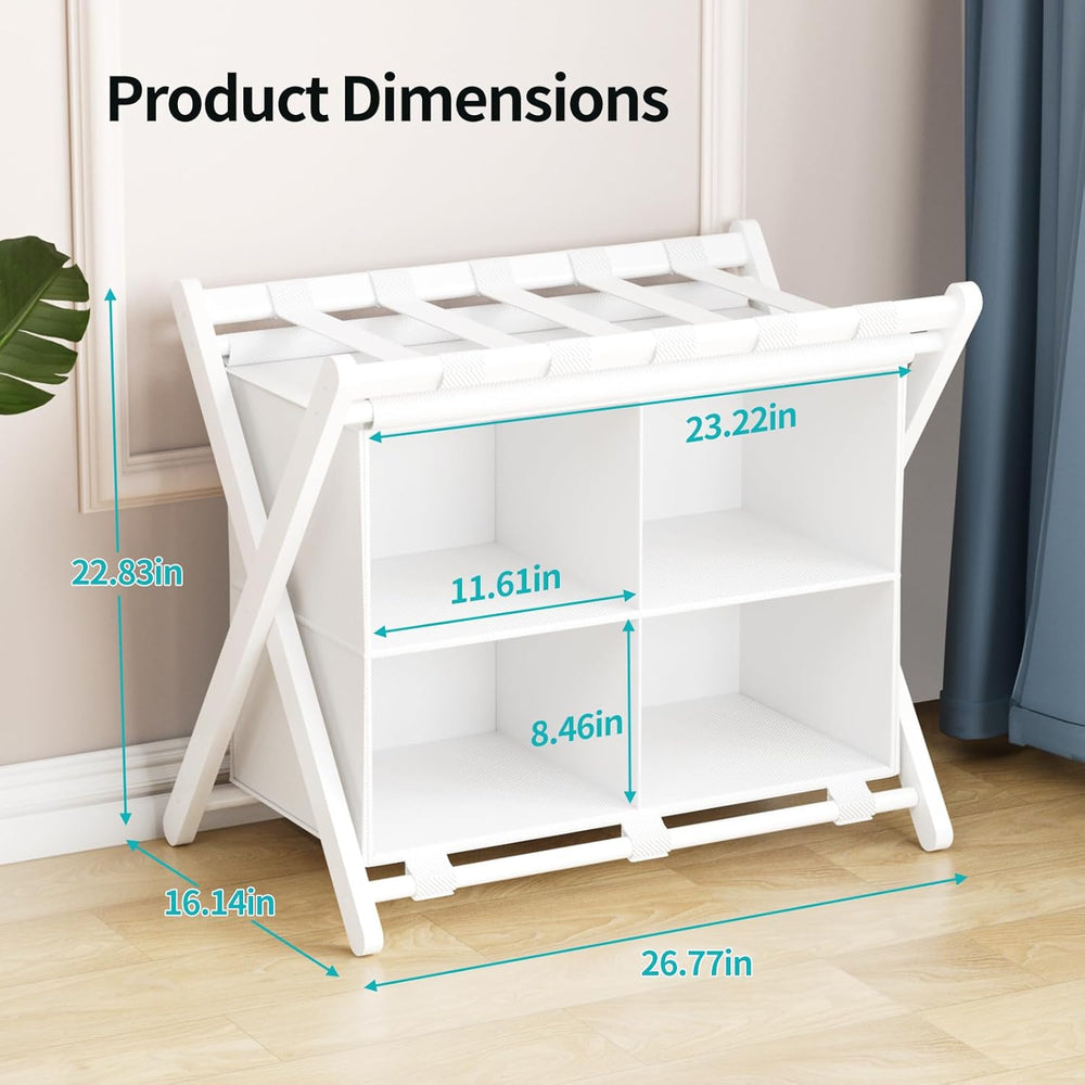 White Bamboo Luggage Rack with 4 Storage Compartments, Foldable Suitcase Stan...