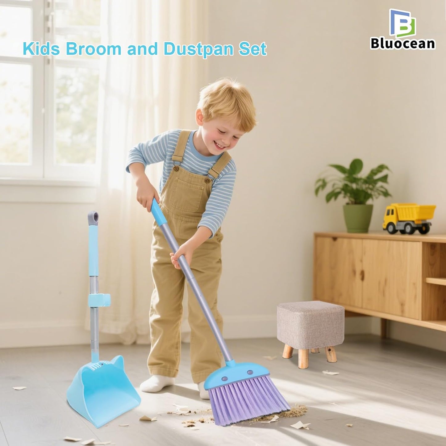 28'' Kids Mini Broom and Dustpan Set - Toddler Cleaning Toy, Toddler Household Helper, Parent-Child Interactive Play Cleaning Tool, Cute Cartoon Design, Small Safe Corner Broom (Blue)