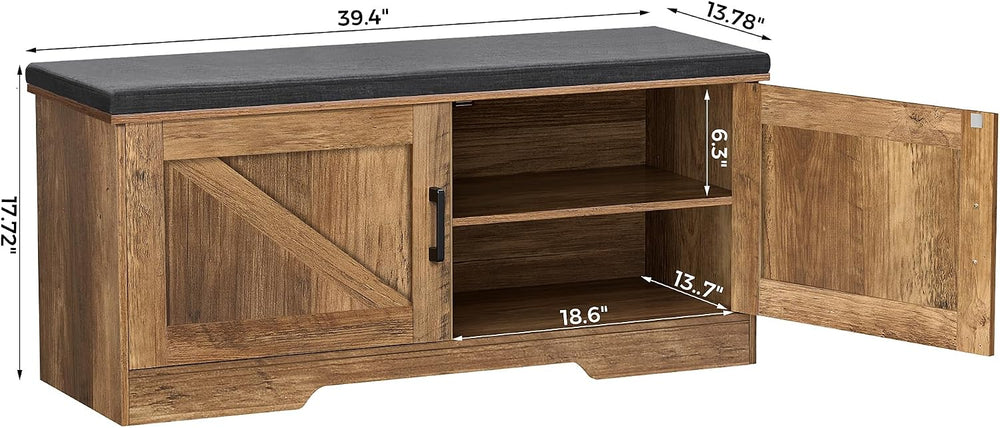 HOMSHO Farmhouse Shoe Storage Bench with 2 Barn Doors & Padded Seat Cushion