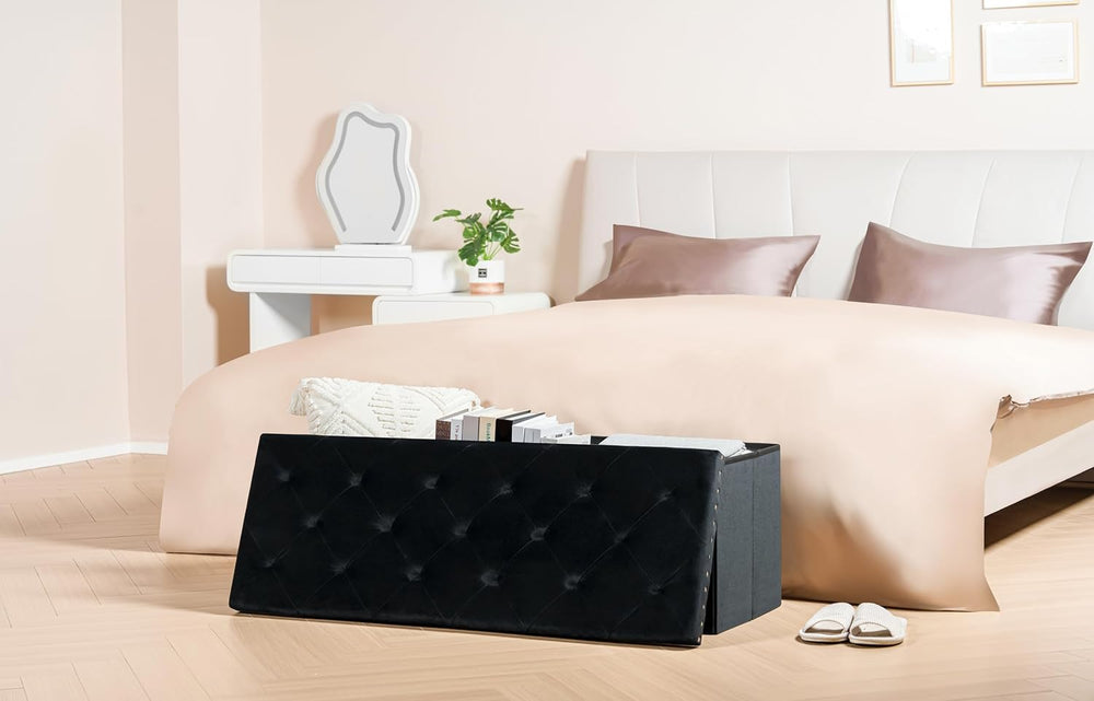 PINPLUS Folding Storage Ottoman Bench, Black Faux Leather
