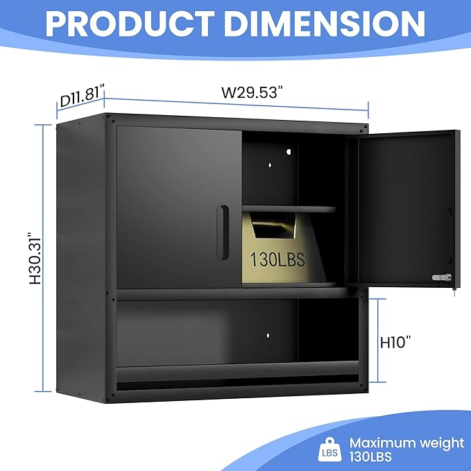 Garage Wall Cabinet with Doors and Shelves, Wall Mounted Metal Storage Cabinet