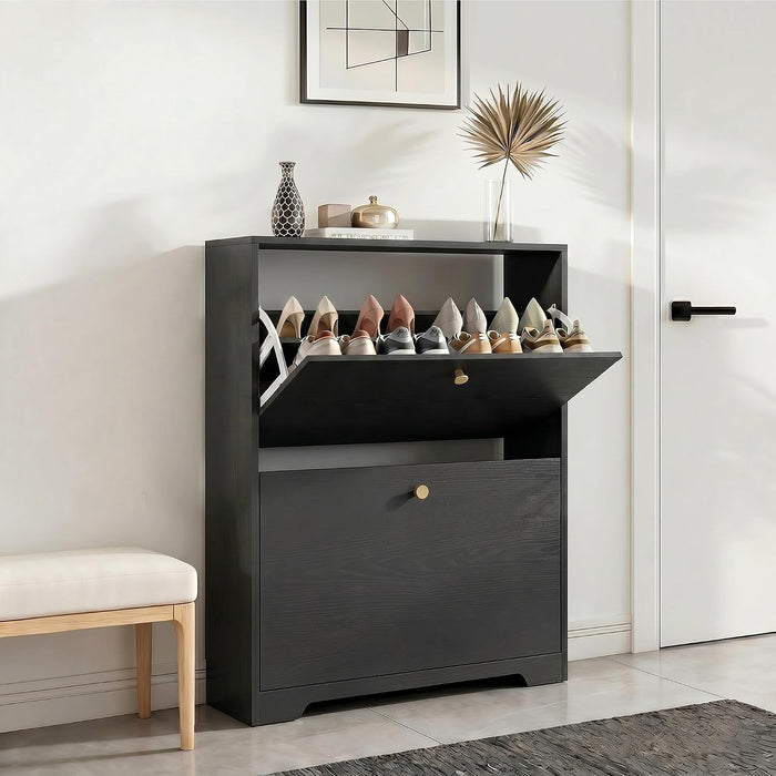 Nicetree Shoe Storage Cabinet with 2 Flip Drawer, Narrow Slim 2-Tier Shoe Organizer, Shoe Cabinet Storage for Entryway with Top Shelf and Hooks, Freestanding Wooden Shoe Rack, Black