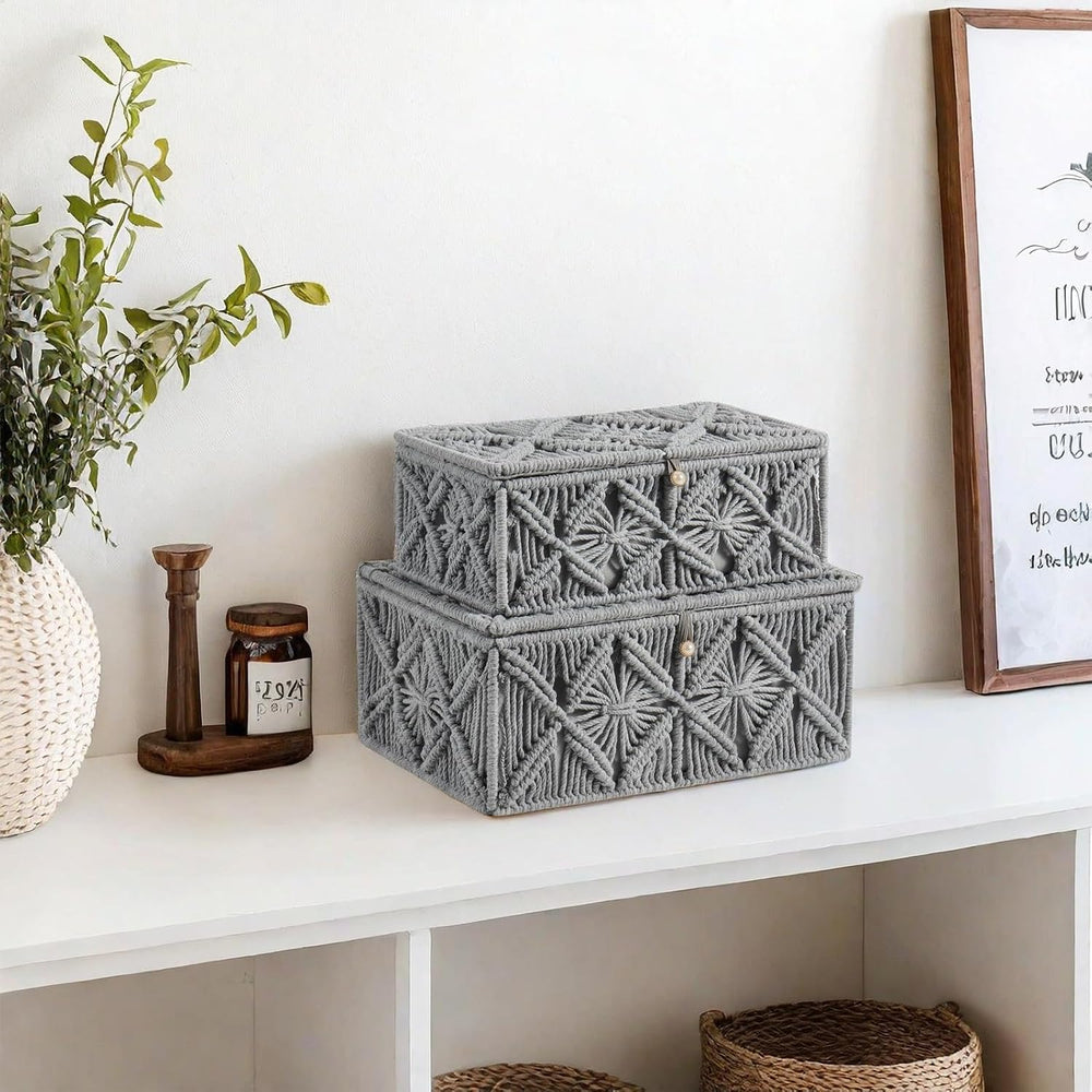 2PCS Decorative Boho Storage Basket with Lid Natural Macrame Box