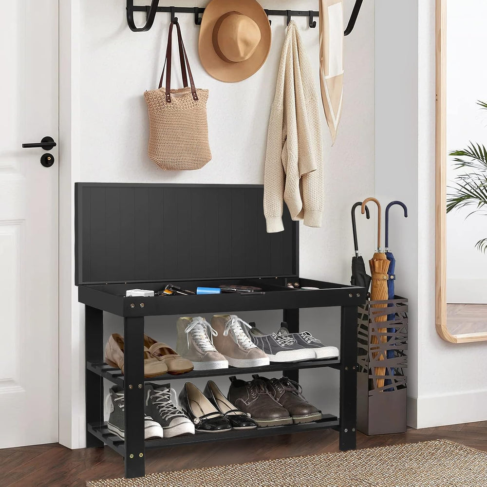 3-Tier Bamboo Shoe Rack Bench, Entryway Bench with Storage Drawer, Black
