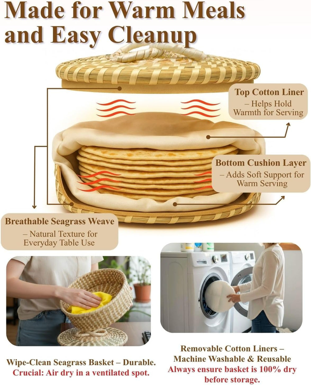 Handwoven Seagrass Tortilla Warmer Basket with Lid, 9.6" Breathable Natu...