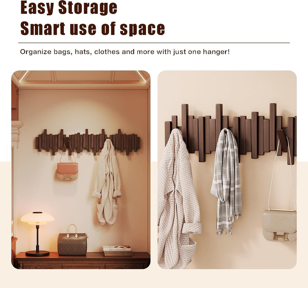 Coat Rack Wall Mount Piano Flip Down Wall Hook Rack 7 Hooks Walnut