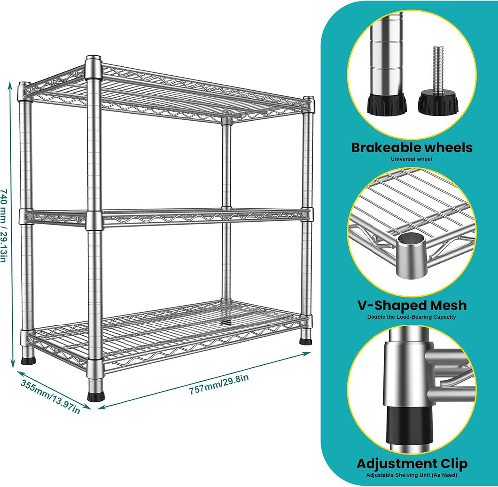 3-Shelf Metal Wire Shelving Unit Adjustable Metal Shelf Heavy-Duty Steel Stor...