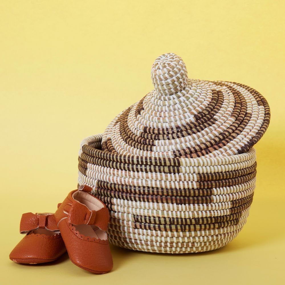 Decorative African Basket with Lid for Shelf, Brown Pattern on White, 10 Inch...