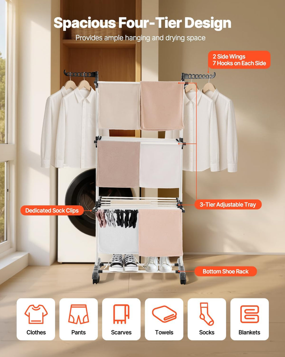 VEVOR Clothes Drying Rack, 4-Tier Foldable Laundry Dryer Rack, Metal Drying R...