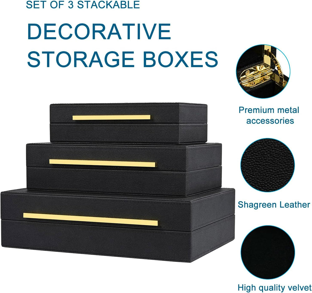 Black Shagreen Box Faux Leather Set Of 3 Pcs Storage Decorative Boxes,Modern ...