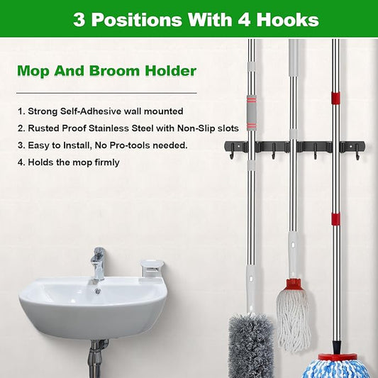 voze 3 Racks and 4 Hooks Mop and Broom Holder Wall Mount, Self Adhesive Heavy - Image 2