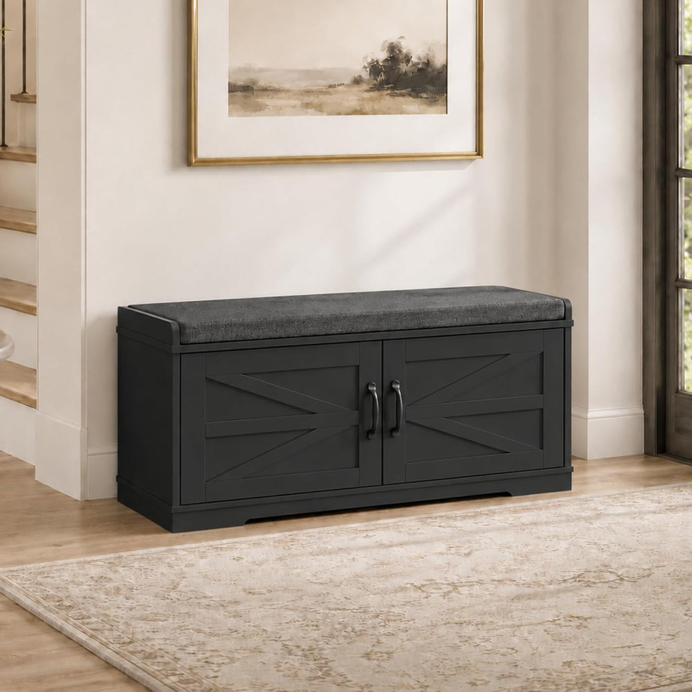 Loomie Shoe Storage Bench, 2-Tier Farmhouse Entryway Bench with Padded Seat C...