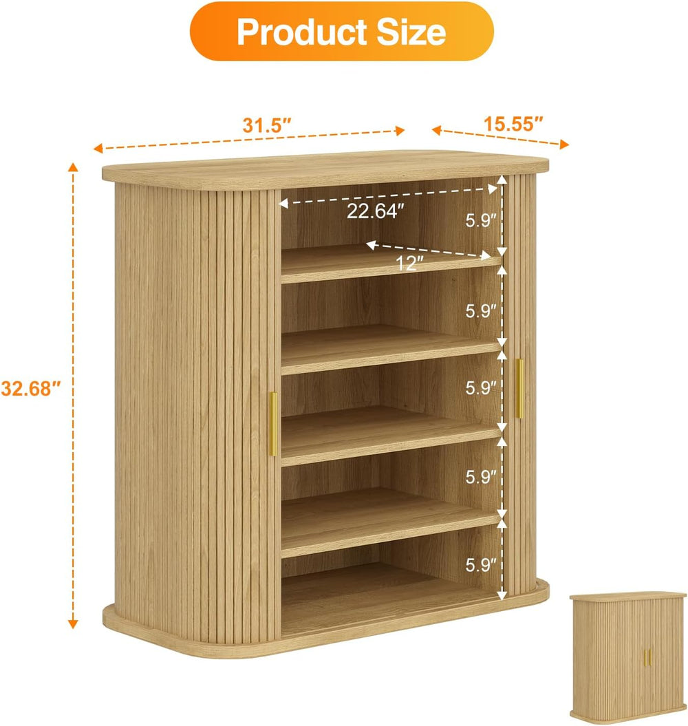 UNIQUITE 5-Tier Sliding Door Shoe Cabinet, Adjustable Shelves Wooden Shoe Sto...