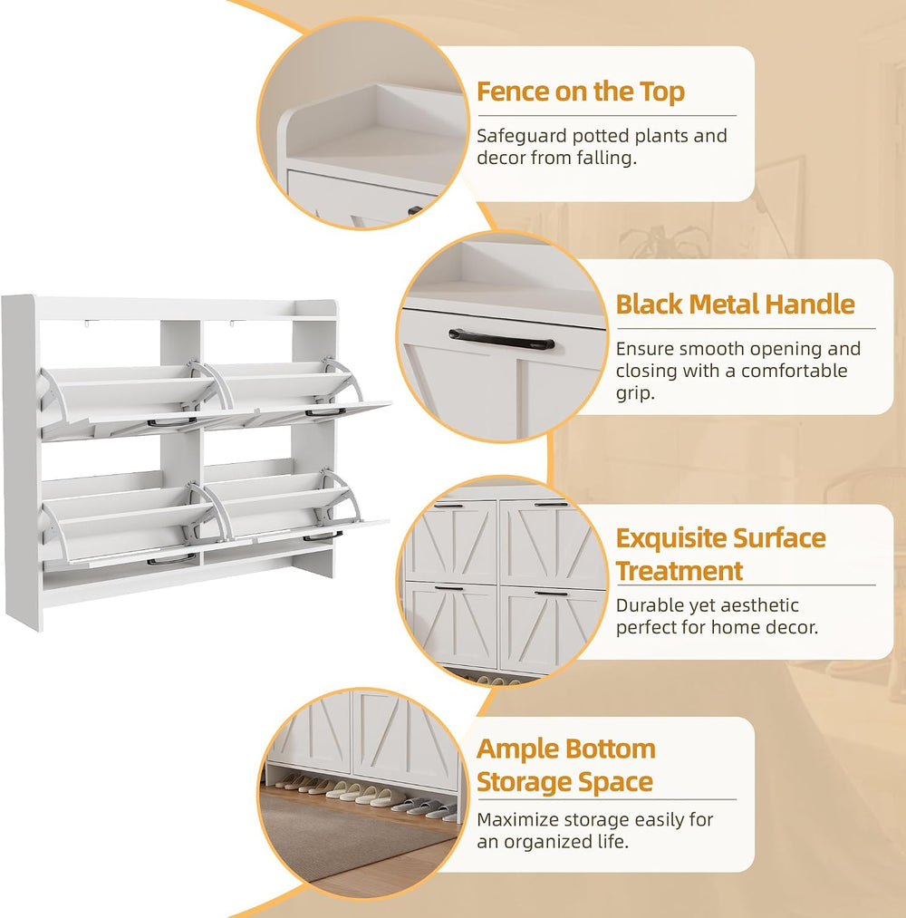 Shoe Storage Cabinet with 4 Flip Drawers, Freestanding Hidden Shoe Cabinet wi...