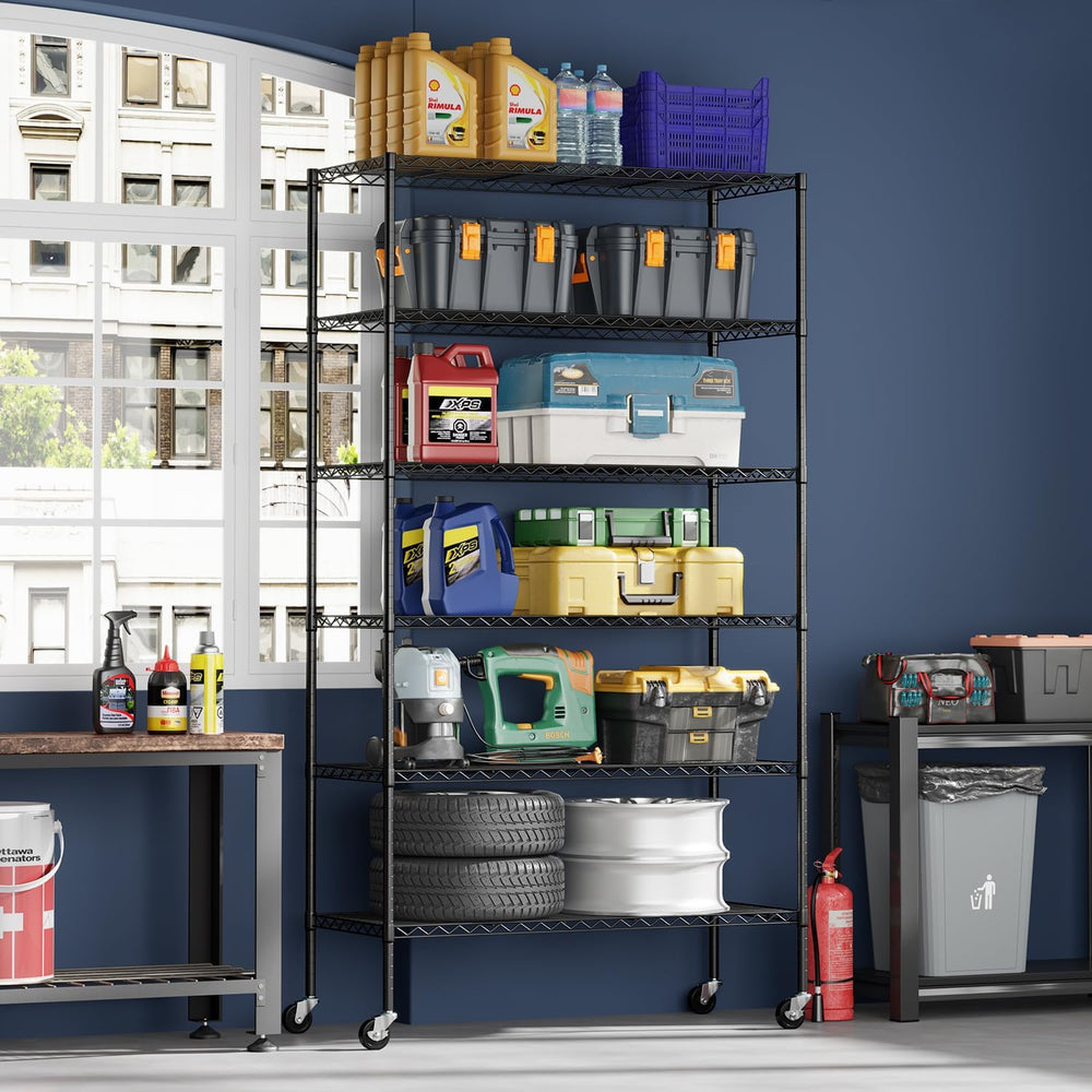 FDW | 6-Tier Wire Shelf with Wheels | 45" x 18" x 82" | Black