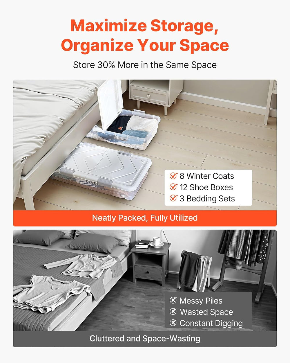VEVOR Under Bed Storage with Wheels, 39.8 x 20.1 x 5.9 inch Underbed Containe...