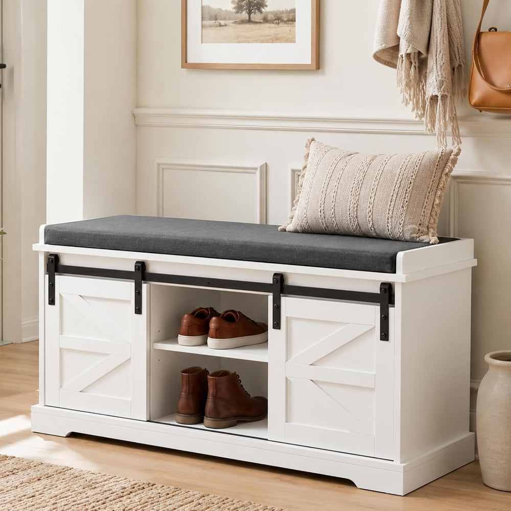 Loomie 39" Wide White Shoe Storage Bench with Removable Seat Cushion
